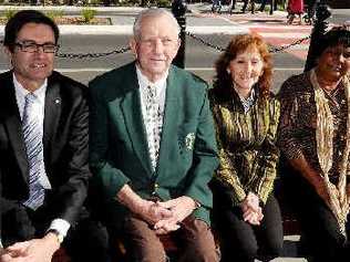 Open for business: Enjoying the Casino CBD upgrade at the official opening yesterday are Greg Combet (left), Col Sullivan, Janelle Saffin and Auntie Nora Caldwell from Casino. . Picture: Cathy Adams