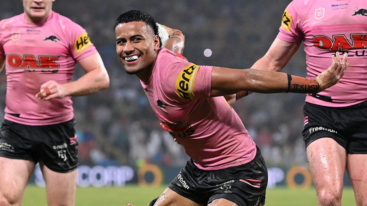 BRISBANE, AUSTRALIA - MAY 14: Stephen Crichton of the Panthers celebrates scoring a try during the round 10 NRL match between the Melbourne Storm and the Penrith Panthers at Suncorp Stadium, on May 14, 2022, in Brisbane, Australia. (Photo by Bradley Kanaris/Getty Images)