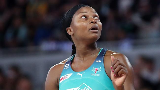 MELBOURNE, AUSTRALIA - MARCH 26: Mwai Kumwenda of the Vixens looks on during the round two Super Netball match between Collingwood Magpies and Melbourne Vixens at John Cain Arena, on March 26, 2023, in Melbourne, Australia. (Photo by Kelly Defina/Getty Images)