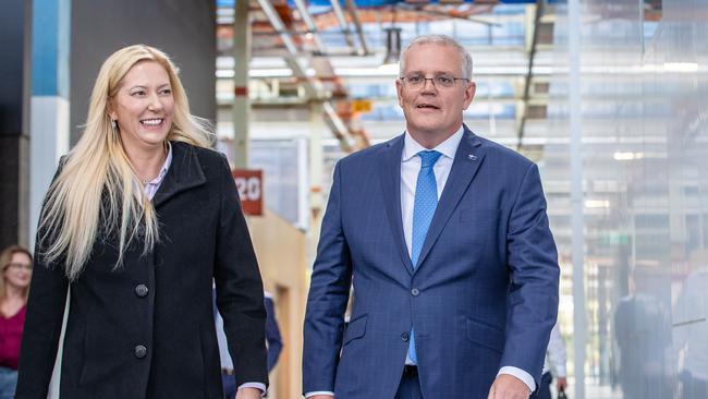 Prime Minister Scott Morrison with Liberal Boothby candidate Dr Rachel Swift, who has contributed to the more than $17,000 spent on Facebook adverts this election. Picture: Jason Edwards