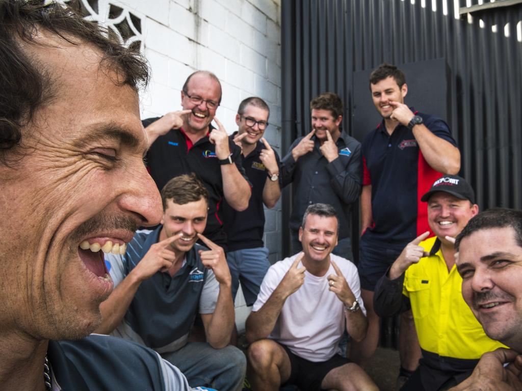 Businesses band together for Movember (front left) Anson Cockburn, (back row, from left) Bruce Murphy, Matt Edwards, Matt Bohm, Matt Burke, (middle row, from left) Thomas White, Clayton Menyweather, Adam Nesbitt and Quinton Coleman, Monday, November 9, 2020. Picture: Kevin Farmer