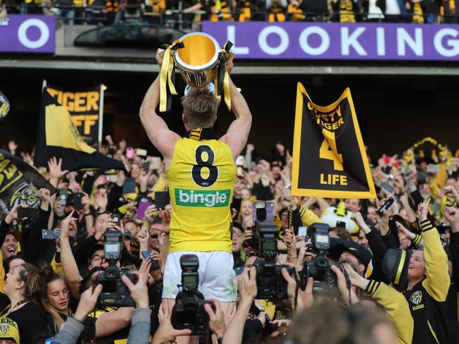 Jack Riewoldt holds the premiership cup aloft. Picture: Alex Coppel