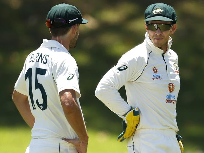 Australia's Tim Paine chats with Joe Burns during the 3 day tour match between Australia A and India A at Drummoyne Oval. Picture. Phil Hillyard