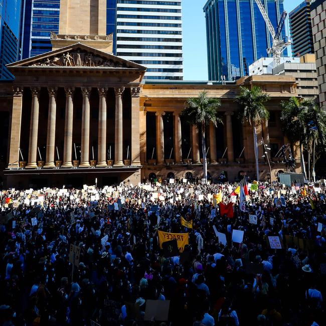 There was no room for social distancing at the Black Lives Matter protest to express solidarity with US protestors at King George Square in Brisbane. (Photo by Patrick HAMILTON / AFP)