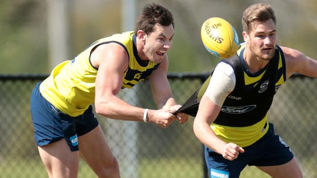 Daniel Menzel trains with teammate Tom Ruggles on Saturday morning. Picture: Alison Wynd