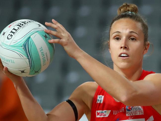 BRISBANE, AUSTRALIA - AUGUST 02: Paige Hadley of the Swifts warms up prior to the round one Super Netball match between the Giants and the NSW Swifts at Nissan Arena on August 02, 2020 in Brisbane, Australia. (Photo by Jono Searle/Getty Images)