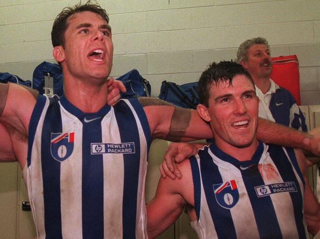 Wayne Carey and Anthony Stevens in their playing days.