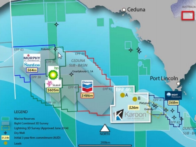 Proposed exploration in the Great Australian Bight by different oil and gas companies. Pic: Karoon Gas Australia.