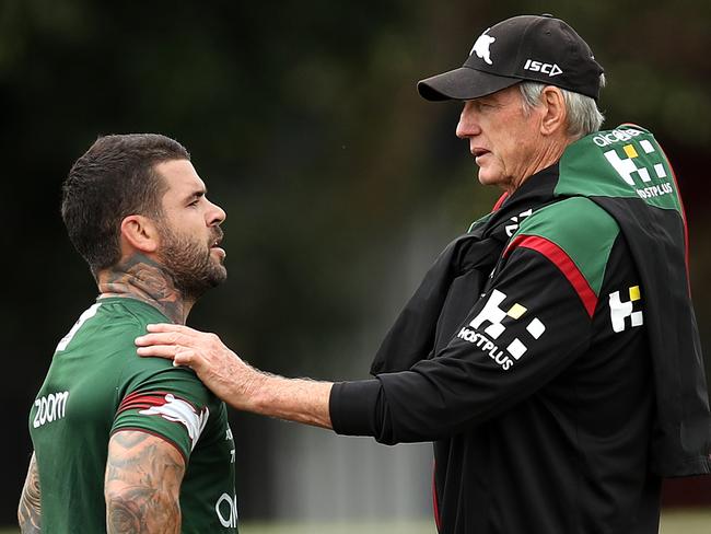 Captain Adam Reynolds with coach Wayne Bennett during South Sydney Rabbitohs training ahead of their first game of the season against the Sharks.  Picture. Phil Hillyard