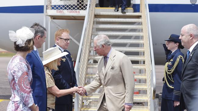 Royal Highness Prince Charles greets NT Administrator Vicki O'Halloran at Gove Airport. Picture: Keri Megelus