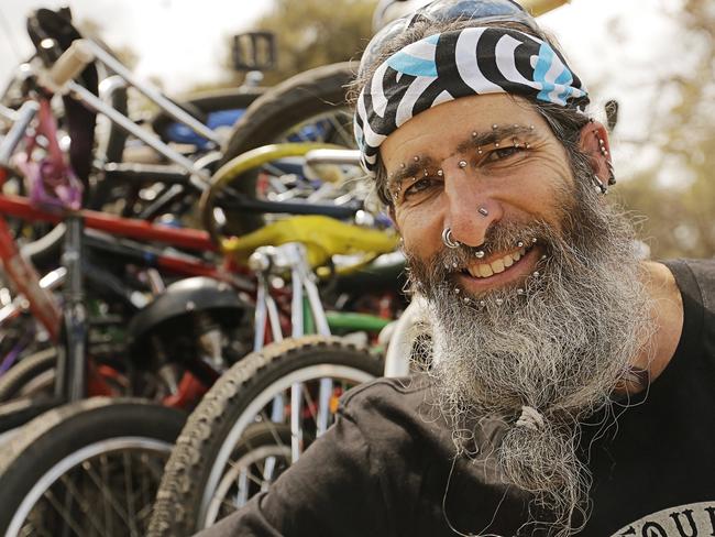 Mad bike scientist Damon Fox of Psychles amongst some of his left-of-centre creations. Picture: MATHEW FARRELL