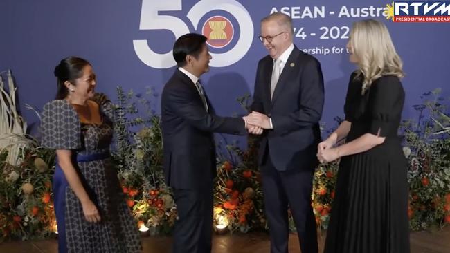 Anthony Albanese meets President Ferdinand R. Marcos Jr. amid a backdrop of the $20,000 floral display ordered by Mr Albanese’s department on March 5, 2024.