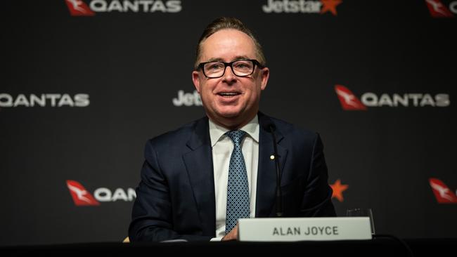 Qantas Group CEO Alan Joyce delivers the airline’s full year results, a record underlying profit of $2.47bn. Picture: NCA NewsWire/Christian Gilles