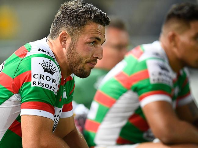 TOWNSVILLE, AUSTRALIA - MAY 19:  Sam Burgess of the Rabbitohs looks on during the round 11 NRL match between the North Queensland Cowboys and the South Sydney Rabbitohs at 1300SMILES Stadium on May 19, 2018 in Townsville, Australia.  (Photo by Ian Hitchcock/Getty Images)