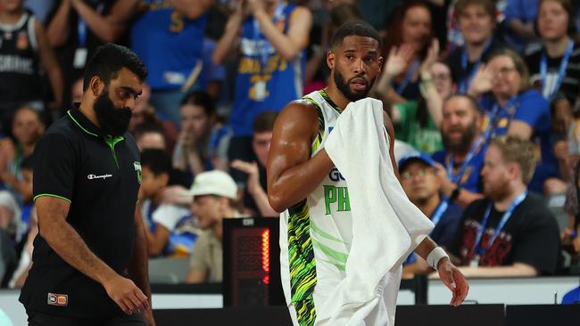 BRISBANE, AUSTRALIA - DECEMBER 30: Gary Browne of the Phoenix leaves the court during the round 13 NBL match between Brisbane Bullets and South East Melbourne Phoenix at Nissan Arena, on December 30, 2023, in Brisbane, Australia. (Photo by Chris Hyde/Getty Images)