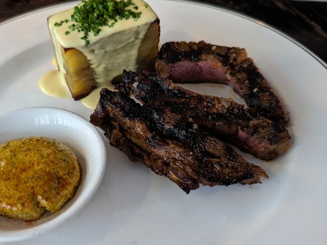 Robbins Island Wagyu rump with potato galette and Cafe de Paris butter at Launceston's Black Cow Bistro. Picture: Alex Treacy