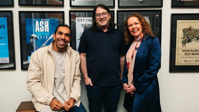 AFL great Eddie Betts, Mushroom Records CEO Matt Gudinksi and Coles chief marketing officer Lisa Ronson announce the supermarket's First Nations Pathways Program is moving into the music industry to support young Indigenous artists. Picture: supplied