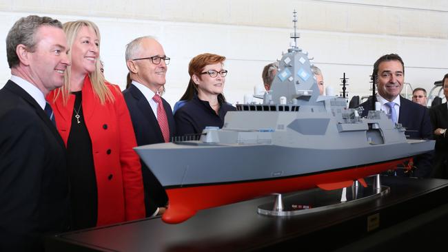 Then Prime Minister, SA Premier Steven Marshall Premier, Christopher Pyre and other dignitaries at a Press conference and announce Future Frigate project to ASC workers at Osborne Naval Shipyard. Picture: AAP/Emma Brasier