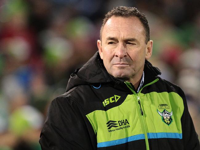 Raiders coach Ricky Stuart watches his side from the sideline against the Bulldogs.