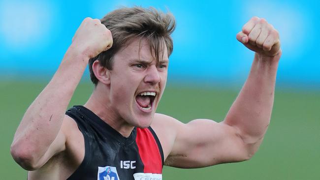 Essendon skipper Aaron Heppell celebrates as the final siren sounds and the Bombers win. Picture: Michael Klein.