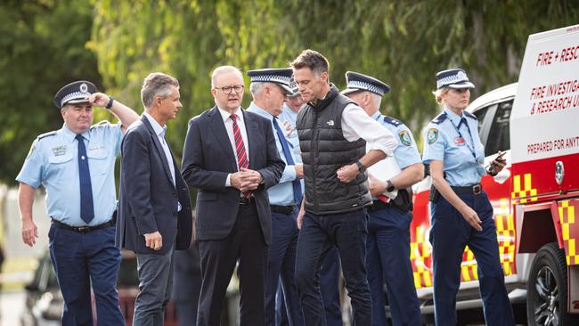 Anthony Albanese and NSW Premier Chris Minns visit the Sydney childcare centre in Maroubra that was firebombed last week in a major anti-Semitic attack. Picture: Julian Andrews/NewsWire