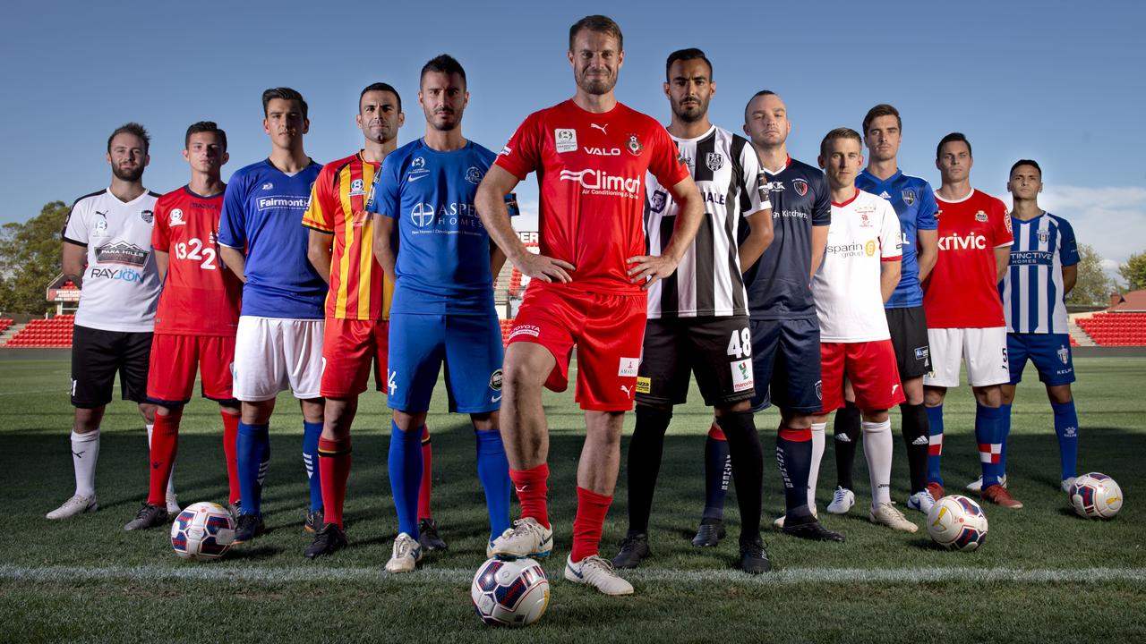 6/2/19 - NPL SA soccer season preview shoot. Group shots of captains / key players from all 12 clubs on the pitch at Hindmarsh Stadium. Rob Greenwood to supply names. Photo - Naomi Jellicoe