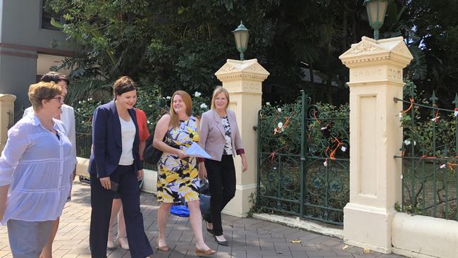 National Trust’s NSW Parramatta branch president Cheryl Bates, opposition heritage spokeswoman Kate Washington (obscured), Labor leader Jodi McKay, NPRAG spokeswoman Suzette Meade and Parramatta MP Julie Owen at Willow Grove.