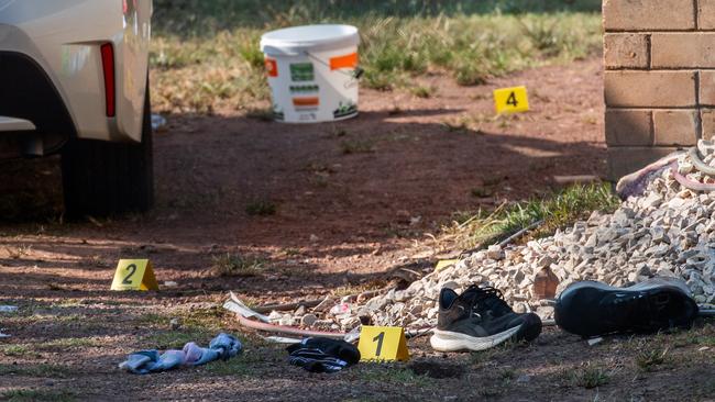 NT Police is investigating the shooting deaths of two Top End residents in Millner and Karama. Pictured is the crime scene established on Spriggs St, Millner. Picture: Pema Tamang Pakhrin