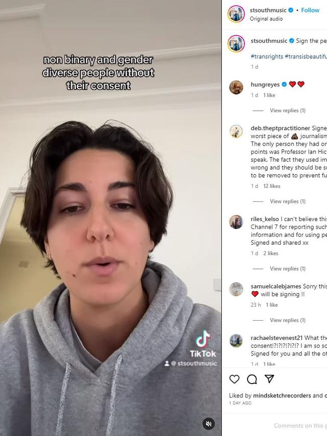 “I was absolutely horrified, deeply hurt, and anxious to discover one of my post top-surgery videos (expressing how much better my life is because of surgery) included in this segment without my consent,” Australian musician St. South (Olivia Gavranich) said. Picture: Instagram.