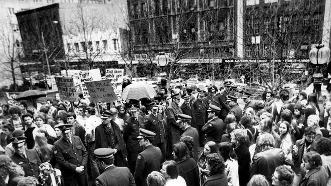 Police in among gay rights protesters outside Central Court in Sydney in 1978, in the forerunner to the popular annual Gay and Lesbian Mardi Gras festival.