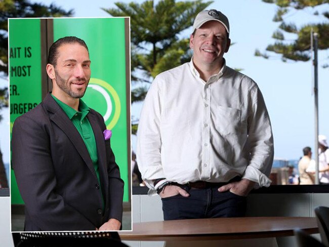 Celebrity chef Paul Wahlberg, right, brother of Hollywood star Mark Wahlberg, in Manly, announcing more Sydney Wahlburger stores, despite a a court case over an alleged assault by owner Sam Mustaca, left. Pictures: