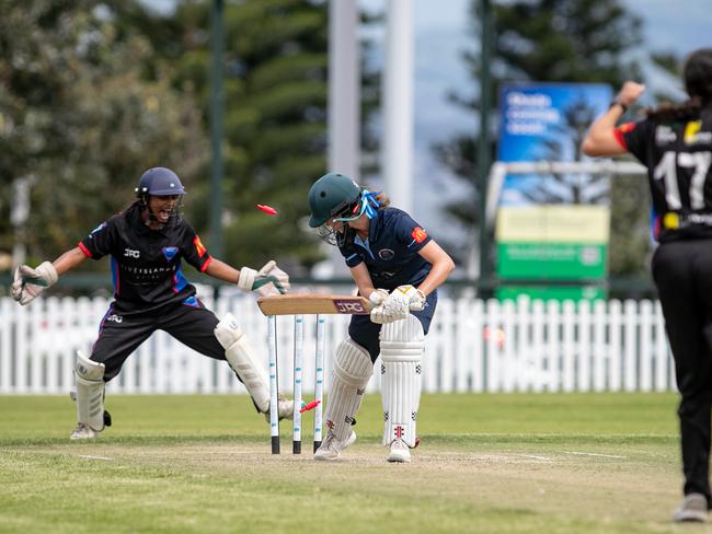 Top of off: Manly’s Matilda Brown is bowled by Natalia Egan. Picture: Julian Andrews