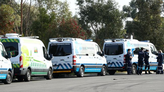 Medical transport lined up the Epping Gardens aged care home. Picture: Getty Images