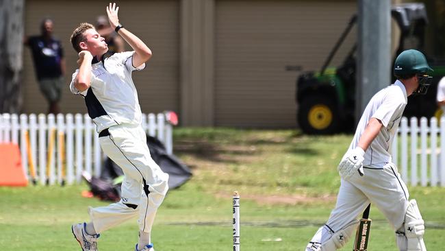 TSS bowler Ted Waterman GPS first XI cricket between BBC v TSS at Parkman Park. Saturday February 17, 2024. Picture, John Gass