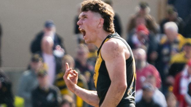 Brady Searle celebrates after scoring a goal during the SANFL game between Glenelg and North Adelaide at Glenelg Oval, in Glenelg, Kaurna Yarta, on Saturday, August 6, 2022. (The Advertiser/ Morgan Sette)