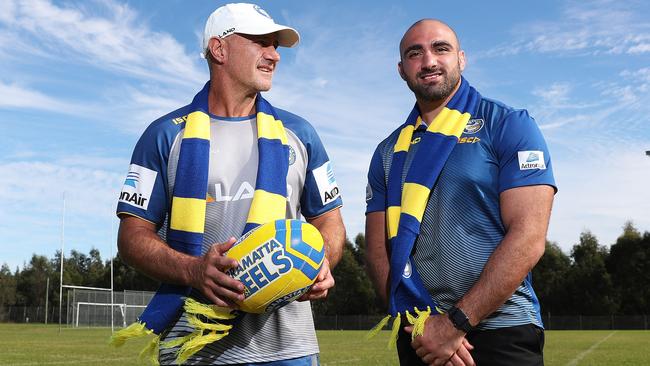 Parramatta Eels coach Brad Arthur with Parramatta's Tim Mannah after the Parramatta Eels secure funding for Australia's largest community rugby league facility in Kellyville. Picture: Brett Costello