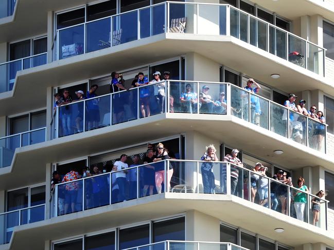 Crowds cram balconies during the 2017 Gold Coast 600. Picture: Nigel Hallett.