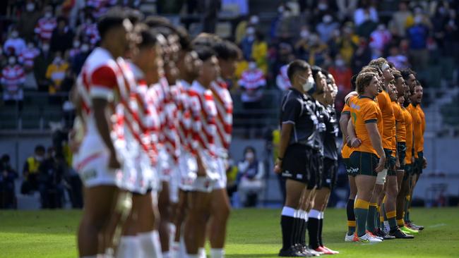 The Wallabies sing the national anthem ahead of the rugby international test between Japan and Australia at Showa Denko Dome. Photo: Getty Images