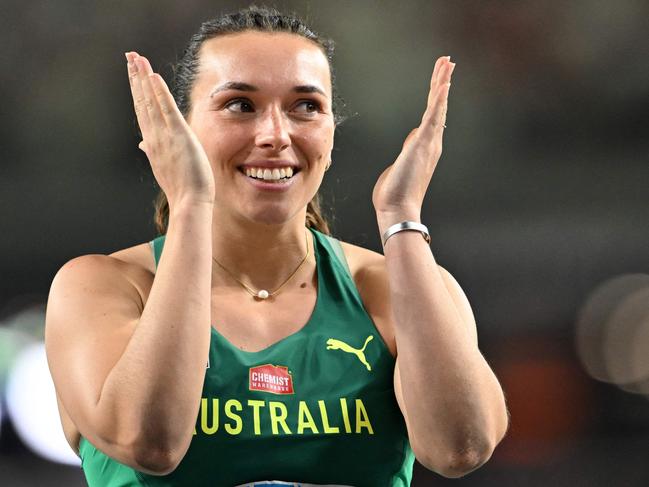 Australia's Mackenzie Little reacts to her bronze medal position in the women's javelin throw final during the World Athletics Championships at the National Athletics Centre in Budapest on August 25, 2023. (Photo by Kirill KUDRYAVTSEV / AFP)