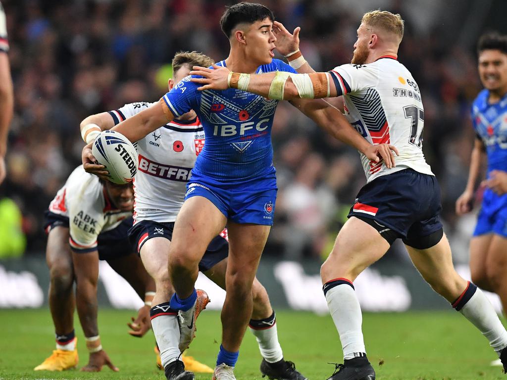 Blaize Talagi playing for Samoa against England. Picture: NRL Images