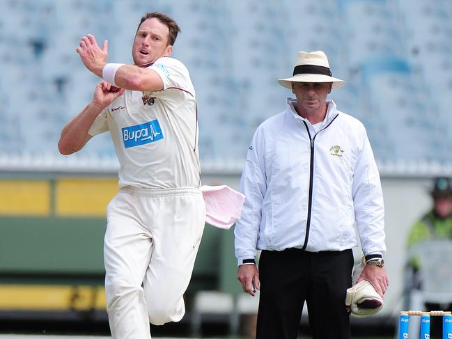 Queensland's Matthew Gale bowling against Victoria at the MCG in 2013. Gale will captain Flinders in MPCA Provincial this season.