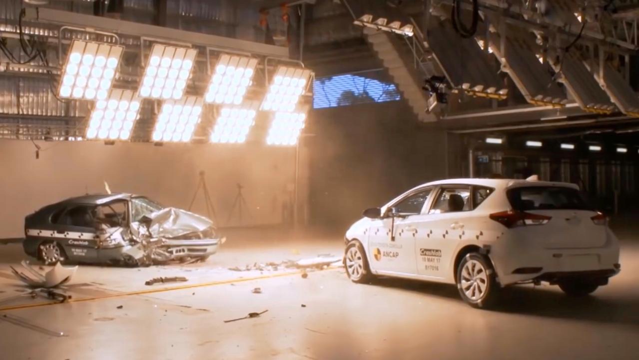 The aftermath of the new-versus-old crash test. Picture: Supplied.