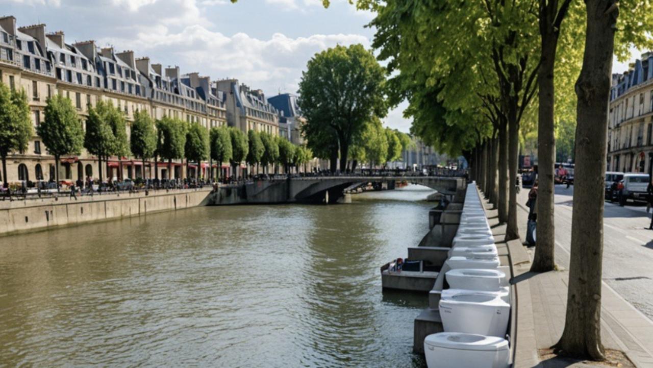 This AI generated photo posted to X shows a row of toilets along the River Seine where locals have threatened to poo in the water to protest the cost of purifying the river for the Olympics. Picture: PRussiet