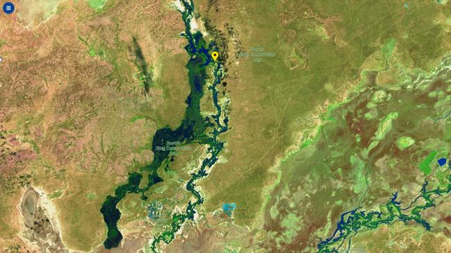 Water has built up behind the Boera Dam (yellow marker) over the past six weeks, where it has then spread along a 17km embankment before spilling out across a vast man-made floodplain.