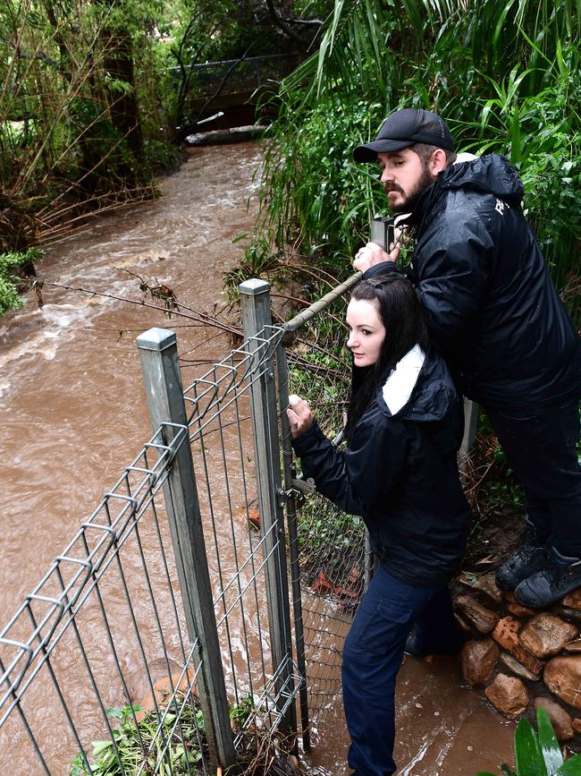 Jess Libbis and Troy Peck check the flow of Brownhill Creek at Torrens Park. Picture: Campbell Brodie