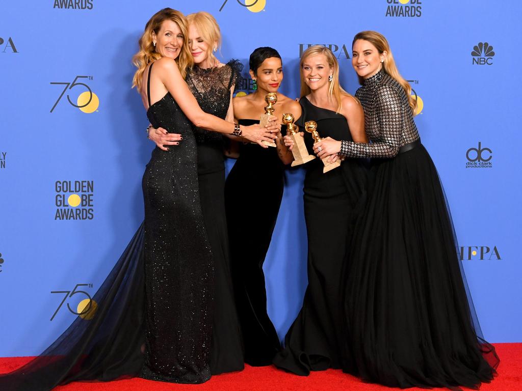 Laura Dern, Nicole Kidman, Zoe Kravitz, Reese Witherspoon and Shailene Woodley pose with the Best Television Limited Series or Motion Picture Made for Television award for ‘Big Little Lies’ in the press room during The 75th Annual Golden Globe Awards. Picture: AFP