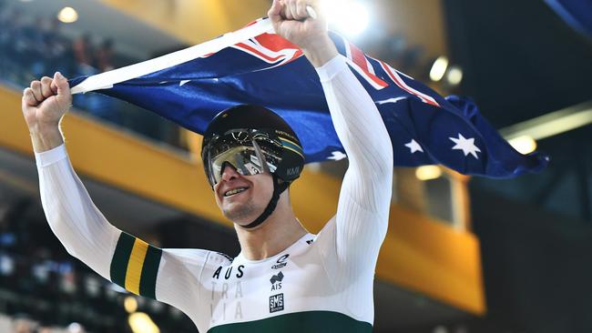 Glaetzer celebrates becoming individual sprint world champion last year. Picture: Emmanuel Dunand (AFP).