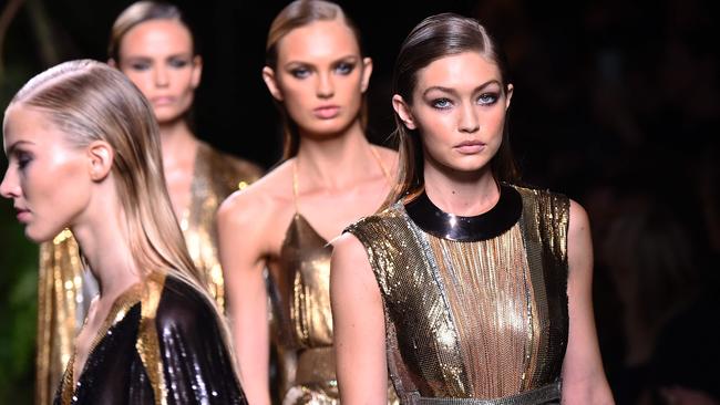 Gigi Hadid lead the catwalk for the Balmain Spring/Summer 2016 show in Paris. Picture: Bertrand Guay/AFP