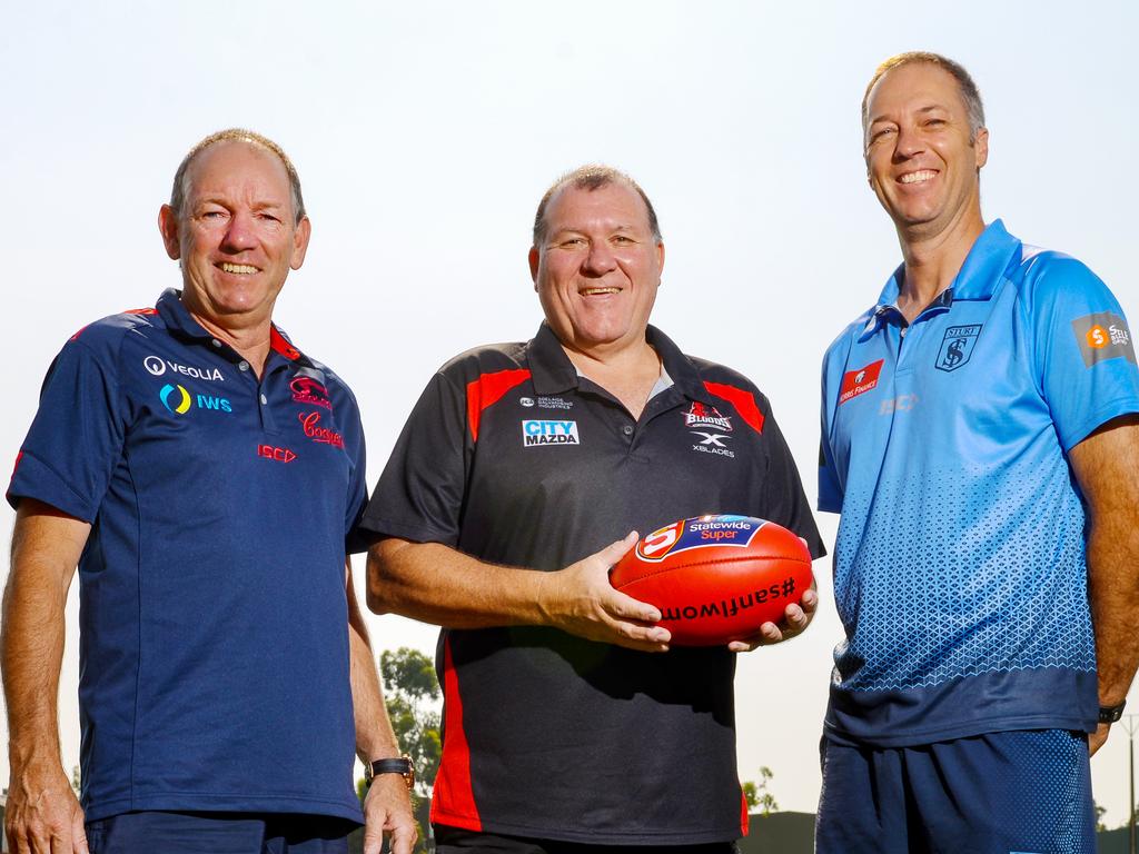 Three new SANFLW coaches Norwood's Chris Howie, West Adelaide's Mark Moody and Sturt's Bruce Dawes, Saturday, February 8, 2020. (Photo: AAP/Brenton Edwards)