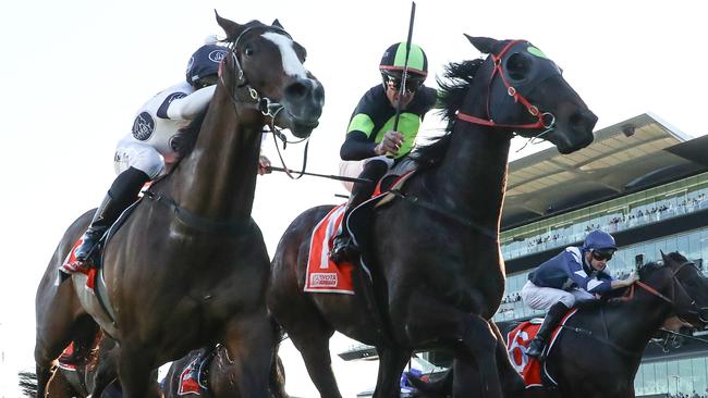 Private Eye (green) beats Overpass in The Shorts. Both runners will clash in the $20m The Everest on Saturday.